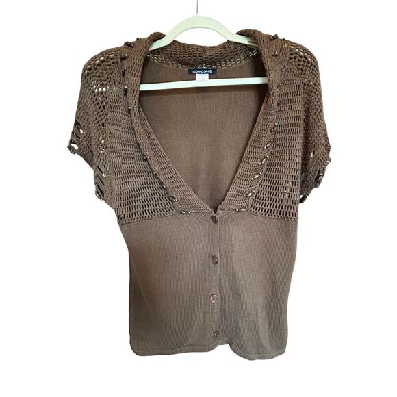 Luciano Dante Brown Knit Beaded Boho Crochet Short Sleeve Button Sweater Top XL - Picture 1 of 10